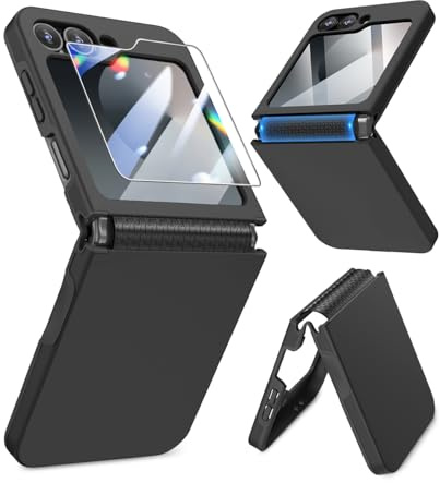 Caka for Samsung Galaxy Z Flip 6 /Z Flip 5 Case [Wireless Charging Compatible][Hinge Protection] [Screen Protector] Women Men Shockproof Protection Phone Cover - Black