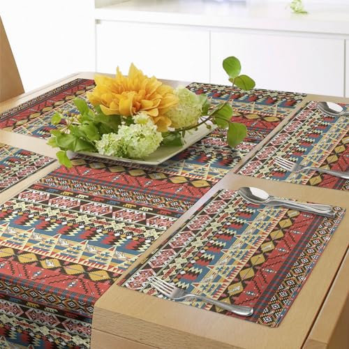 ABAKUHAUS Bunt Tischläufer & 4 Stück Tischsets, Aztekisches Muster mit Vögeln Blumen und Arrows Ethnische alte Einheimische Kulturen, Tischdeko-Set, 180 x 40 cm, Siena Braun