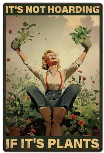 SUPERDANT Garden Girl Tin Sign Girl with Plants Metal Tin Signs It's Not Hoarding If It's Plants Metal Plaque Gardening Art Signs Man Cave for Bedroom Living Room Wall Decoration