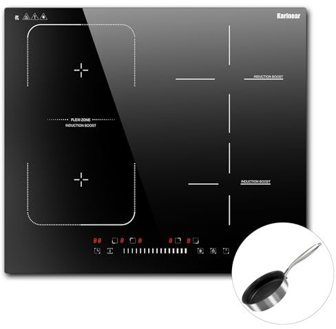 Karinear Plaque Induction 4 Feux avec Poêle, table de cuisson à induction 4 Foyers Encastrable avec Zone Flexible, Plaque Electrique avec Minuterie, Sécurité Enfant, 220-240V, 7200W, sans Prise