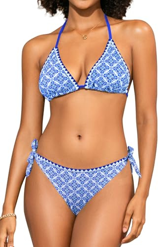 SHEKINI Bikini da donna a triangolo con lacci, costume da bagno con schiena scoperta, costume da bagno in due pezzi, Stampa floreale rombo, XL