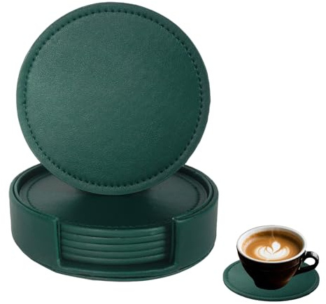Bdfgh Set of 6 Leather Coasters with 1 Holder for Drinks, Drink Coasters Table Coaster Room/Kitchen/Living Room Accessories, for Cups Mugs Housewarming Gifts Home Decoration Green Navy Black (Green)