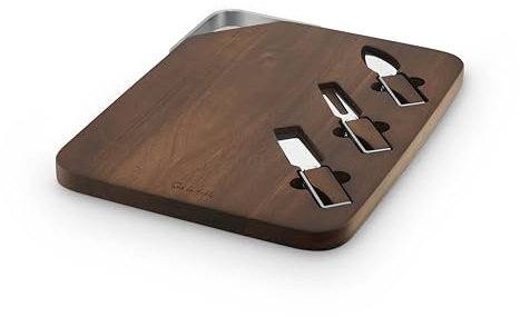 Sur La Table Core Rectangular Cheeseboard, 3 Stainless Steel Cheese Knives, Made from Strong Acacia Wood, Brushed Nickel Handle, Walnut Colour