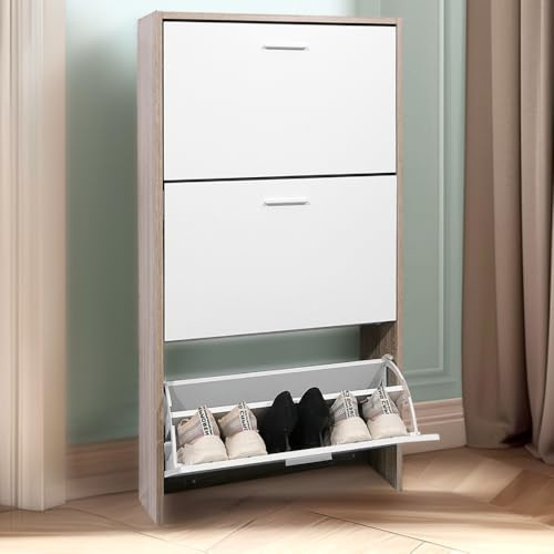 CASABEL, Mueble Zapatero de 18 Pares, Estantería de Gran Capacidad para vestíbulo o Pasillo, (Ancho) 60 x (Profundidad) 24 x (Alto) 113 cm, Madera Clara Blanca
