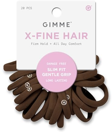 Gimme Beauty X-Fine Hair Bands - Slim-Fit Elastic Ties for Extra Fine Hair - No-Dent, Gentle-Grip Ponytail Holders for All-Day Comfort - 20 Pack, Dark Brown