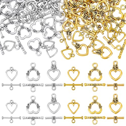 PH PandaHall 90 Sets 3 Stile Knebelverschlüsse Herz OT Verschlüsse Legierung T Stab Verschlüsse Verschlussclip Kreisverschluss Für Halsketten Halsbänder Armbänder Schmuck