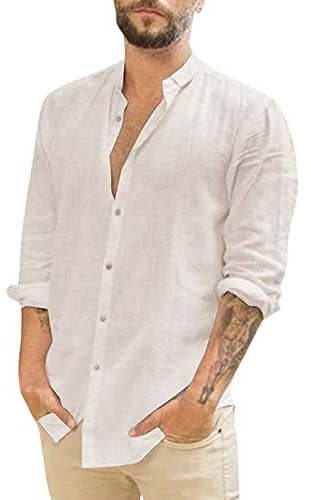 Linen Shirts for Men - Mens Overshirt Button Down, Casual Men Shirts Long Sleeve, Lightweight Beach Shirt, Summer Solid Color Jacket Tops, Grandad Collar Shirt Regular Fit, Simple Work Tops