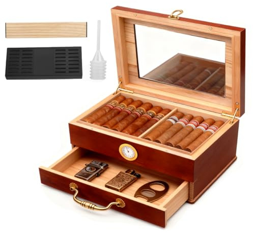 Nuovo umidificatore a doppio strato con cassetto, sigari Humidor, Cedro spagnolo, scatola per sigari in legno con umidificatore, igrometro, divisore, set regalo per sigari portatili (30-50 sigari)