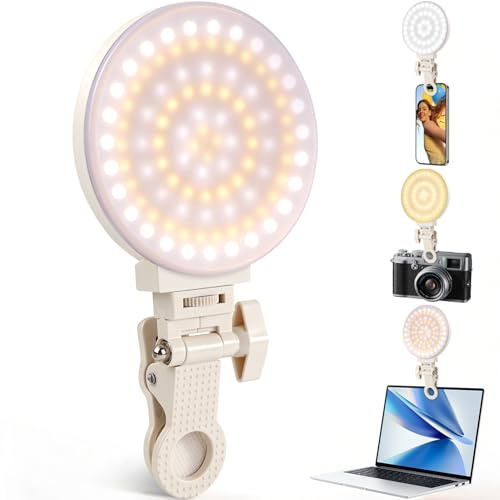 GlobalCrown Luce per selfie cellulare, luce per cellulare con 100 LED, illuminazione ricaricabile a clip, 3 modalità di illuminazione per telefono cellulare/fotocamera/laptop, foto trucco, YouTube
