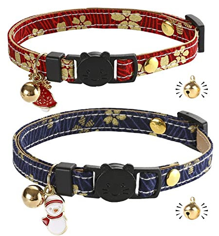 Katzenhalsband mit Schnellverschluss | Halsband für Katze mit Leder | handgefertigt | mit Glocke | goldene Kugel | Japanisches Design | verstellbar | 2 Stück