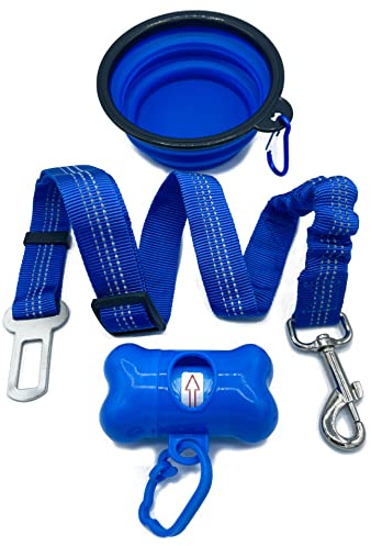 RIGIARILOO - Kit Viaggio per Cani e Gatti: Cintura Sicurezza Auto Blu, Ciotola Pieghevole, Porta Sacchetti Guinzaglio - Set 3 Accessori Essenziali