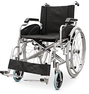 QUIRUMED Silla de ruedas de aluminio, Plegable, Autopropulsable, Frenos de mano, Reposabrazos abatibles, Reposapiés abatibles, Ancho asiento 46 cm, Para mayores, Para minusválidos