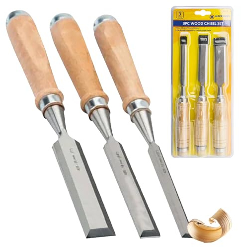 3Pc Carpenters Wood Chisel Set - Workshop Hand Tool, Precise, Impact Resistant Grip Handles | Ideal for Carving & Woodworking Projects | Durable Steel Blade