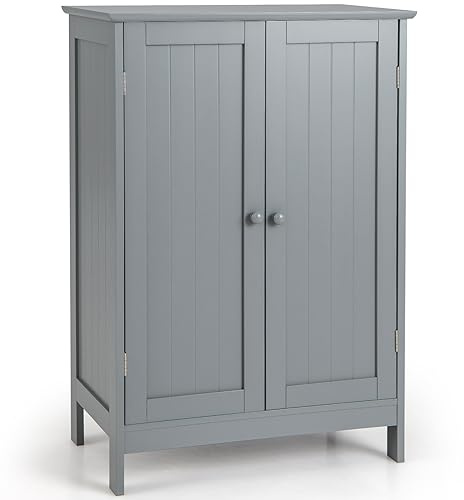 COSTWAY Bathroom Floor Cabinet, Freestanding Storage Cupboard with Adjustable Shelves, Wooden Side Cabinet Organizer Unit for Bathroom Living Room Hallway (Grey)