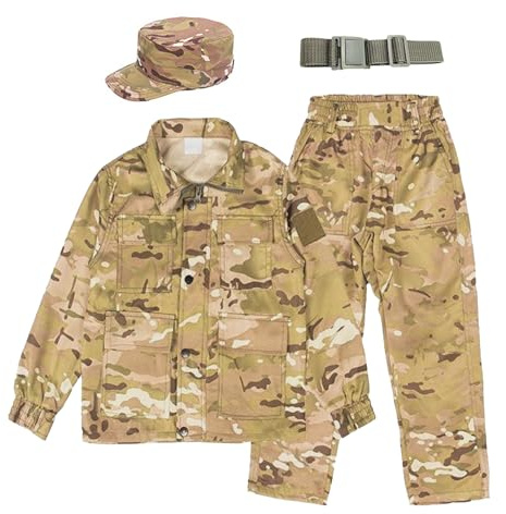 QIYUANT Children's Outdoor Tactical Clothing Camo Shirt & Pants Sets Airsoft Military Camouflage Spring Summer Autumn Combat Hunting (CP/Jacket + Pants + Cap + Belt, 140)