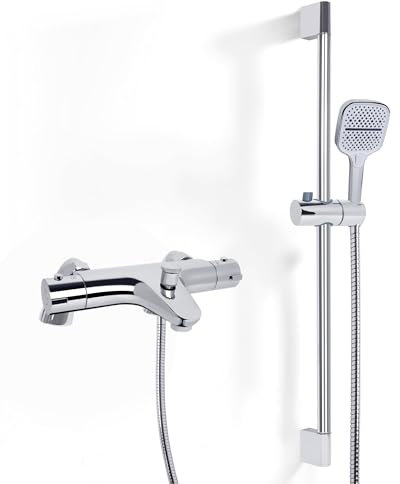 Ronvie Thermostatic Bath Shower Mixer Tap Set with 3-Spray Hand Shower, Chrome Bath Taps with Shower Attachment, Anti-Scald Safety System, 70cm Adjustable Rail (Deck Mounted, 38°C Temperature Control)