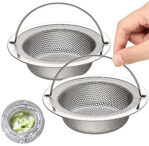 2 Pack Kitchen Bathroom Sink Strainer Basket, Stainless Steel Large Sink Sieve with Lift-up Handle, Dia 7.5cm Anti Clogging Drain Strainer Sink Food Catcher Basket, Outer Rim 11cm, Sink Drainer
