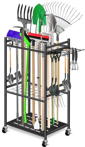 Mimoke Garten Werkzeugregal mit Beweglichen Haken & Feststellbaren Rollen - Einfache Aufbewahrung von Werkzeugzubehör in Garten, Garage dank 360° Schwenkbaren Rädern
