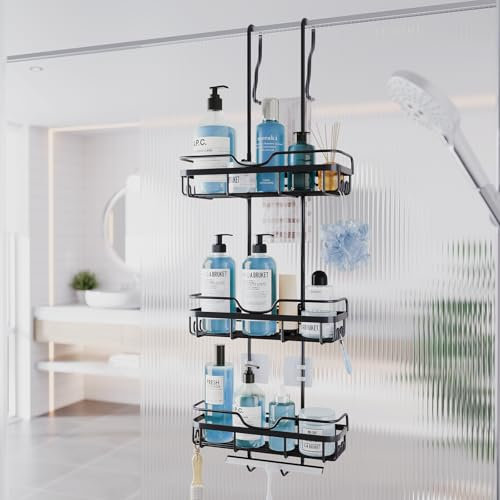 Yoillione Organizador de ducha para colgar sobre la puerta, organizador de ducha sin taladrar, 3 niveles anchos, ajustable, acero inoxidable, para jabón de afeitar y champú, color negro
