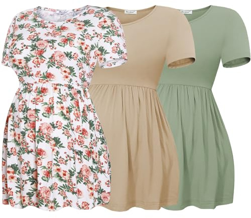 Bearsland Maternity Tops Short Sleeve Scoop Neck Breastfeeding T-Shirt Pregnancy Clothes, Gray Green & Khaki & White Orange Flowers, XXL