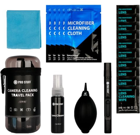 PRO STUFF CTP-15 – 19-delad kamera rengöringsset för objektiv, display och filter – med linspennor, blåsbälg, rengöringsspray, dukar, fuktiga rengöringsdukar, fodral med dragkedja