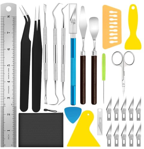 Dulynva Juego de 26 Herramientas de Vinilo para deshierbar de Acero Inoxidable para Manualidades Kit de Herramientas Modelismo para Crear Siluetas, HTV, Cameos, Letras, Incluye Pinzas, Tijera