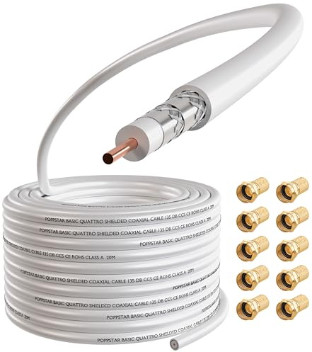 POPPSTAR Cavo coassiale da 50m (RG6, diametro 7,3 mm, guaina in PVC bianco, conduttore interno), con connettori F