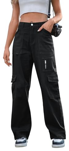 IVIR Cargo Pants Women High Waist Wide Leg Casual Pants with 7 Pockets Stretchy Drawstring Baggy Y2K Trousers Black M