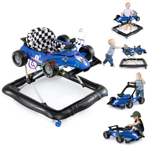 LIFEZEAL 4 in 1 Girello per Bambini, Neonati 6-18 Mesi, Altezza Regolabile, Antiurto, Trasformabile, Pieghevole, con Musica, Primi Passi, Baby Walker, Carrellino, Imparare a Camminare, Max12kg, Blu