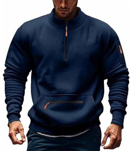 Generisch Sudadera de algodón con capucha de forro polar para hombre invierno 2025 con cuello alto, media cremallera, bolsillos sin mangas, culturismo, marine, 5XL