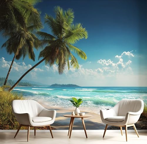 Papel Tapiz Isla Palmeras Playa Murales, Pastoril Natural Mural de Pared Papel Verde Esmeralda Fotográfico para Tapiz Arte Pared para Sala Estar Dormitorio, 150×105cm Fotomural Tv de Fotografía