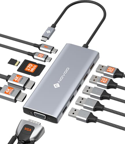 NOVOO Docking Station USB C 12-in-1 con Triplo Display, 2 Porte HDMI e VGA, Ricarica PD 100W, 3 Porte Dati da 10Gbps, Lettore Schede SD/TF, per MacBook, PC Dell, HP e Lenovo
