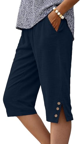 IWOLLENCE Pantaloncini al ginocchio da donna con tasche culottes estivi pantaloni Capri per il Regno Unito orlo diviso bottoni decorativi in legno leggeri e traspiranti elastico in vita, blu navy, M