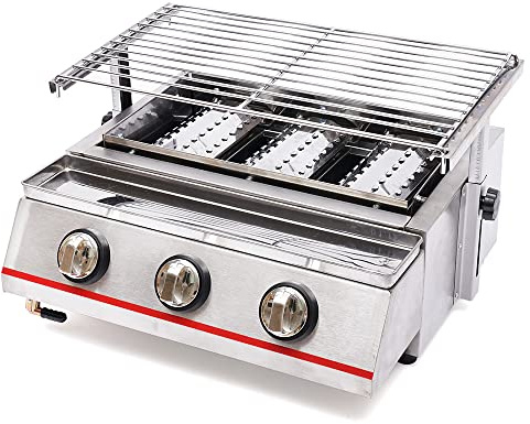 Gasgrill camping, 3 brännare bordsgrill gas för balkong och trädgård – kompakt campinggrill med kokplatta och fettpanna, perfekt för utomhus, terrass och små fester