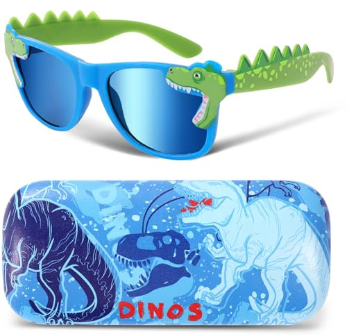 Beipegin Lunettes de Soleil Enfant,Requins Dinosaures Protection UV400 Lunettes Soleil et Etui Lunettes pour Garçon Filles