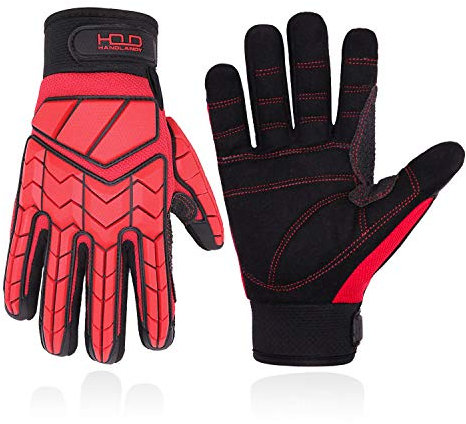 HANDLANDY Guantes antivibración, acolchado SBR, guantes de impacto protectores TPR, guantes de trabajo mecánicos para hombre (mediano, rojo)