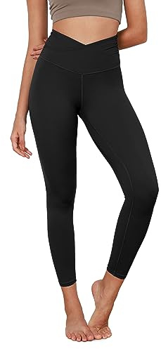 ODODOS Women's Cross Waist 7/8 Yoga Leggings with Inner Pocket, Inseam 25 Gathered Crossover Workout Yoga Pants, Black, Large