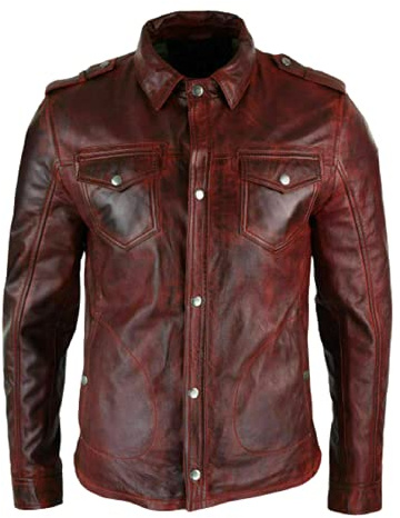 HiFacon Herren Lederhemd Western Trucker Cowboy Echtleder Sommerjacke Burdungy, Burdungy - Lederhemd, M