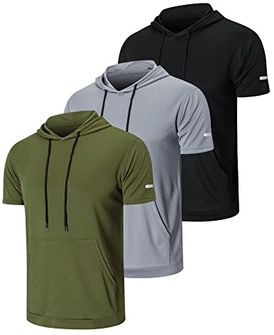 frueo Men's 3 Pack Workout Shirts Quick Dry Moisture Wicking Short Sleeve Mesh Athletic T-Shirts with Hoods,Black Gray Green,XL