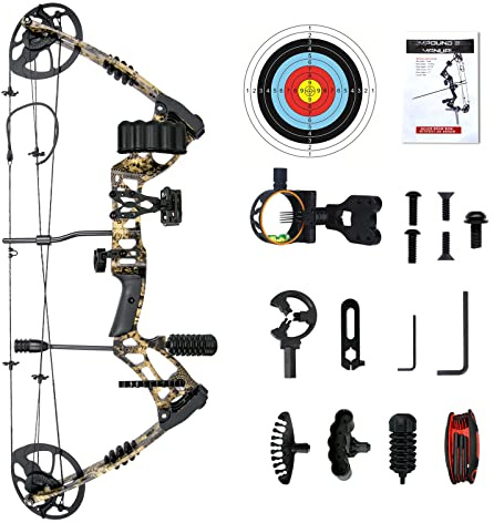 Compound Bow for Youth, Teenagers and Beginners 15-45LBS Draw Weight, Limbs Made in US, Ready to Shoot, Bow and Arrow Set with All The Archery Accessories (Camo 30-70lbs)