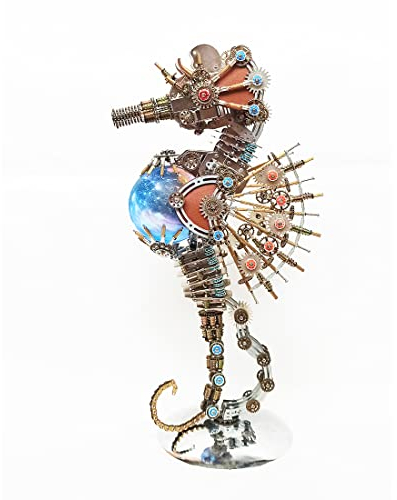 FATOX 3D Metall Puzzle Mechanische Seepferdchen Bausatz mit Planeten Lampe, 2100 Teile DIY Metall Mechanische Puzzle Assembly Modell Art Home Decor Geschenk Spielzeug - 40CM