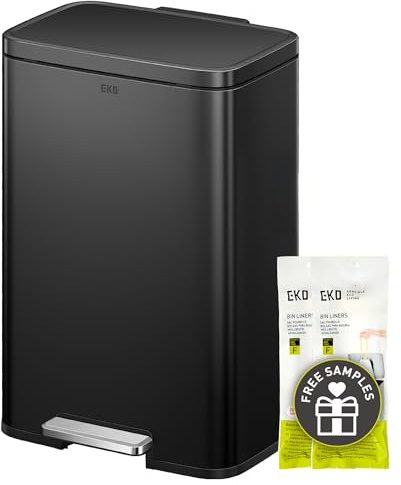 EKO Madison Matte Black Stainless Steel 13.2 Gal/50L Kitchen Step Trash Can or Recycling Bin, Removable Inner Liner, Soft Close Lid, Fingerprint Resistant Finish