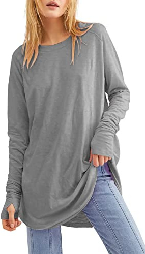 Ebifin Túnicas de manga larga para mujer, sudaderas largas con cuello redondo, ajustadas, con aberturas para el pulgar., gris, XL