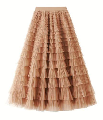 shownicer Tulle Jupe Femme Chic Taille Haute Longues Volants Jupe en Tulle A-Line Elastique Multi Couché Jupe A Kaki Clair M