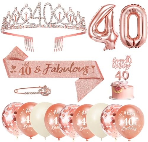 40 Anni Decorazioni Compleanno Donna, 40° Fusciacca e Diadema Oro Rosa Compleanno, Happy Birthday Cake Topper, Candele di Compleanno Numero e Palloncini, Regalo Donna 40 Anni