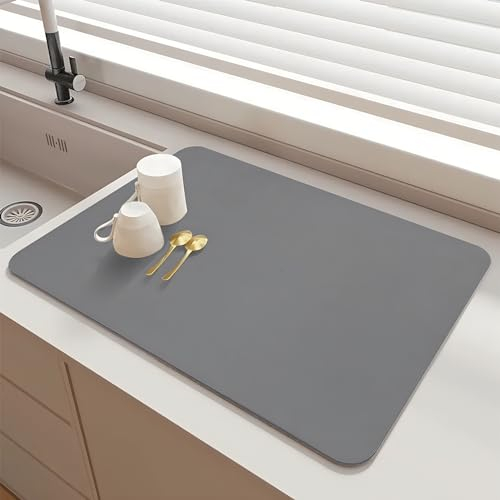 SOQKEEN Alfombrilla Escurreplatos de Cocina 40x50cm, Súper Absorbente, Plegable, Antideslizante y de Secado Rápido para Fregadero, Encimera de Cocina y Cafetera (Gris Claro)