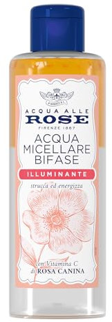 Acqua alle Rose, Acqua Micellare Bifase Illuminante per Pelli Spente o Opache, Deterge ed Energizza la pelle con Vitamina C di Rosa Canina, Efficace sul Trucco Waterproof, 200 ml