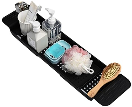 Bandeja de baño | Bandeja retráctil blanca y negra para bañera | Organizador de mesa de bañera ajustable para baño | Estante de mesa de baño sobre bañera con accesorios de baño