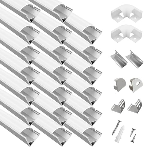 hunhun 20-Pack 6.6ft/ 2Meter V Shape LED Aluminum Channel System with Milky Cover, End Caps and Mounting Clips, Aluminum Profile for LED Strip Light Installations, Very Easy Installation (20, Silver)