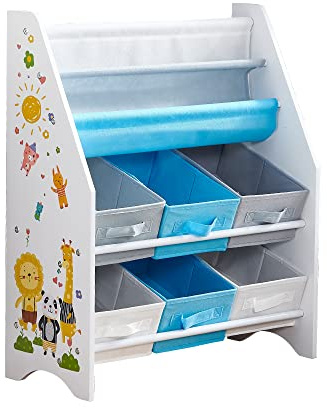 Homullel Children's Bookcases, Kids Bookshelf Organizer, Sling Display Bookshelf with 6 Toys Storage Boxes & 2 Book Racks, Children's Book Shelves for Playroom, Kids Room, Nursery (Blue-White-Lion)